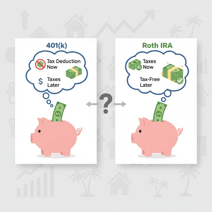 A comparison graphic showing a 401(k) and a Roth IRA, highlighting pre-tax vs. after-tax contributions and taxable vs. tax-free withdrawals in retirement.
