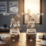 Illustration comparing 401(k) and Roth IRA retirement accounts, showing tax implications of each with labeled money jars.