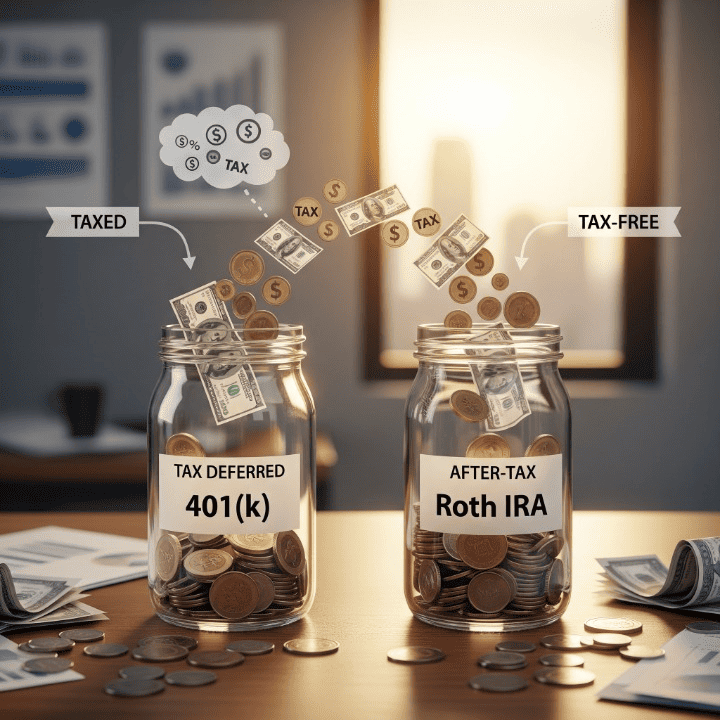 Illustration comparing 401(k) and Roth IRA retirement accounts, showing tax implications of each with labeled money jars.