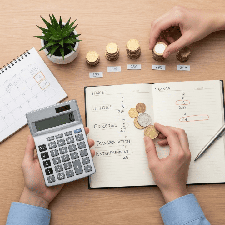 Hands organizing coins and a calculator on a desk with a budget notebook, representing the process of creating a personal budget and managing finances.
