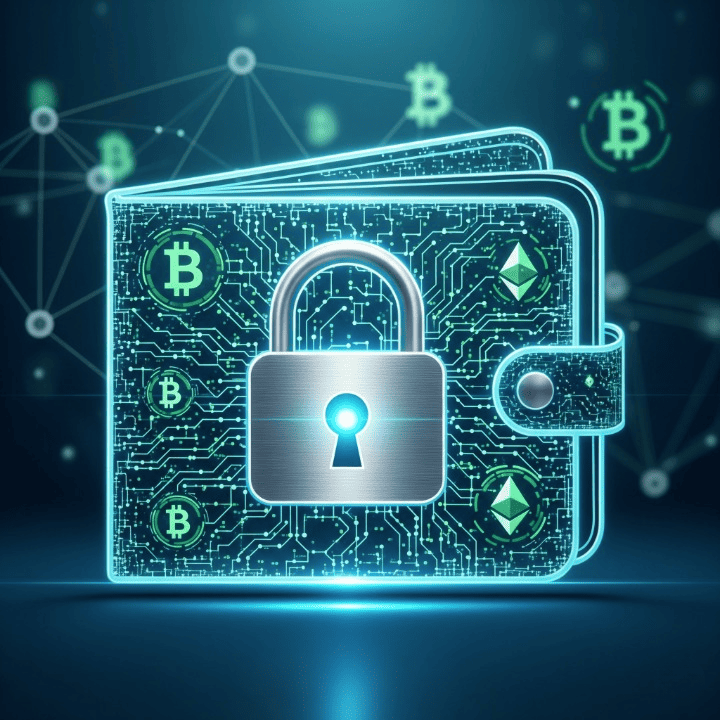 Illustration of a secure cryptocurrency wallet with padlock and blockchain elements, representing digital asset protection.