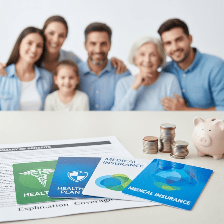An infographic or illustration depicting different aspects of health insurance plans, including cards, a doctor, and money symbols, representing comprehensive health coverage and financial security.