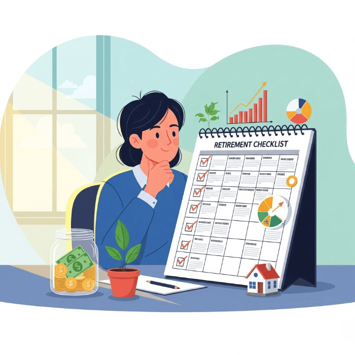 Visual representation of a person planning their finances, with a checklist and retirement-themed objects, signifying financial preparation a decade before retirement.