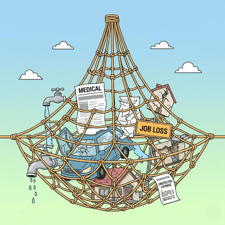 An illustration of a sturdy financial safety net protecting a family from unexpected expenses like car repairs, medical bills, and job loss, symbolizing the security of an emergency fund.