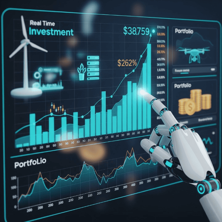 A digital display showing a growth stock chart and a diversified investment portfolio, with a stylized robotic hand interacting with the screen, representing the efficiency and technology of robo-advisors for automated investing.