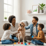 A happy family with their pet, symbolizing responsible pet ownership and financial security for pet health.