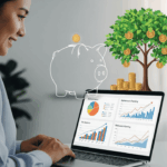 A person confidently planning their retirement finances on a laptop, surrounded by symbols of growth and savings, illustrating the successful process of opening and managing an IRA for a secure financial future.