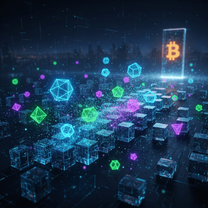Abstract digital currency symbols emerging from a blockchain, representing altcoins diversifying beyond Bitcoin.