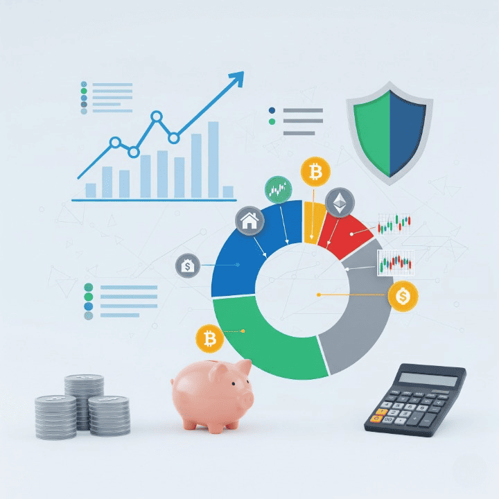 A diversified investment portfolio showing stocks, bonds, real estate, gold, and crypto symbols, representing modern financial planning and risk management.