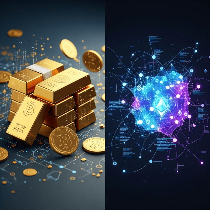 Comparison between Bitcoin and Ethereum, showing their distinct characteristics as digital gold and a platform for decentralized applications.