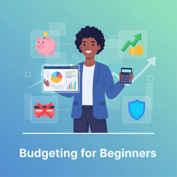 An image depicting a person taking control of their finances with visual elements of budgeting, saving, investing, and debt management.