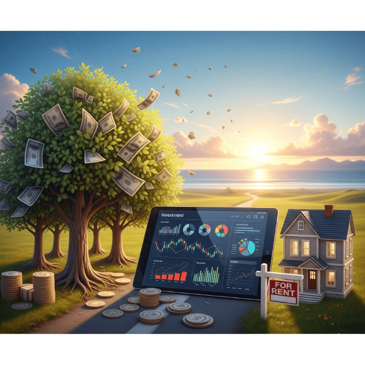 An illustration representing diverse passive income streams like dividend investing, real estate, and cryptocurrency, symbolizing financial growth and independence.