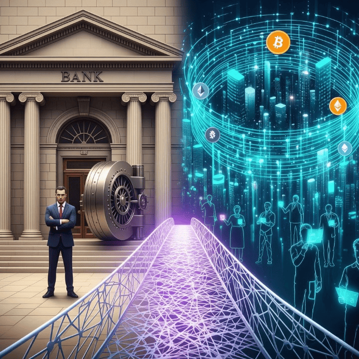 A visual comparison of traditional banking and decentralized finance (DeFi) concepts, showing established bank architecture on one side and a glowing, interconnected blockchain network on the other, with a central element suggesting their convergence or interaction.