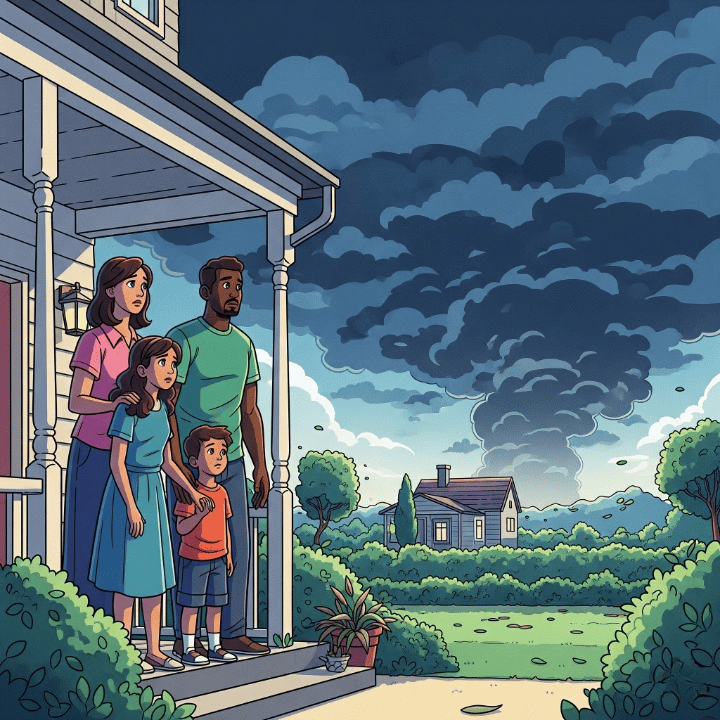 A family watches an approaching storm, highlighting the importance of understanding natural disaster insurance coverage for homeowners.