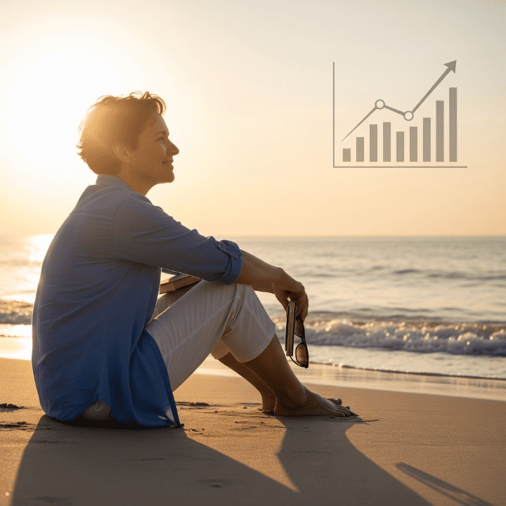 A person enjoying early retirement on a serene beach, symbolizing financial freedom and a well-planned life.