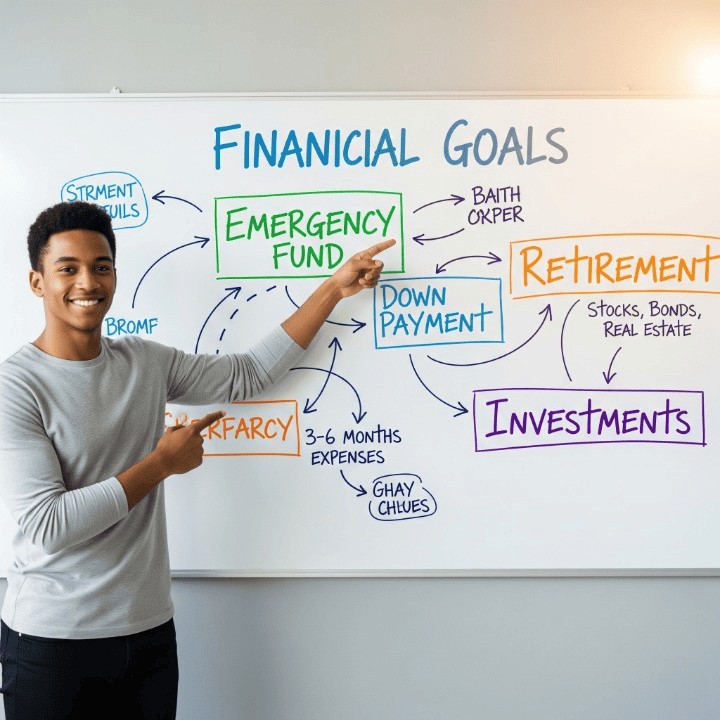 Young adult setting financial goals on a whiteboard, visualizing budgeting, saving, and investment plans for future security.
