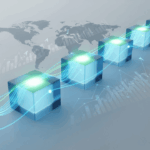 An illustration of glowing interconnected blocks forming a blockchain, symbolizing secure and transparent digital transactions, with abstract financial graphics in the background.