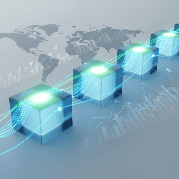 An illustration of glowing interconnected blocks forming a blockchain, symbolizing secure and transparent digital transactions, with abstract financial graphics in the background.