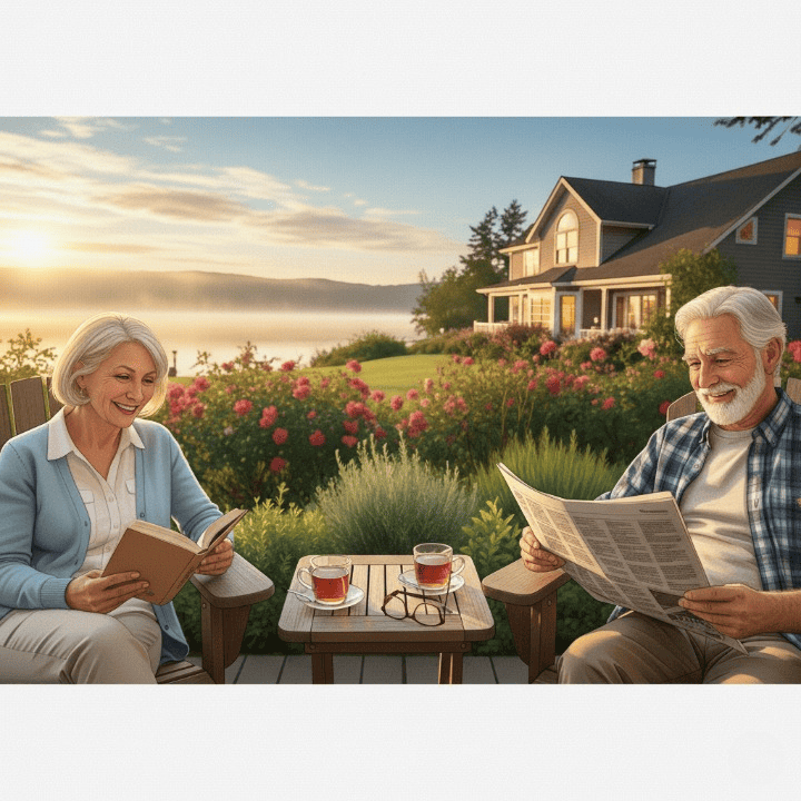 A happy retired couple enjoying their comfortable life, symbolizing financial freedom and peace of mind in their golden years.