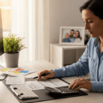 Person thoughtfully calculating life insurance coverage needs, with financial documents on a desk, symbolizing future financial planning for family security.