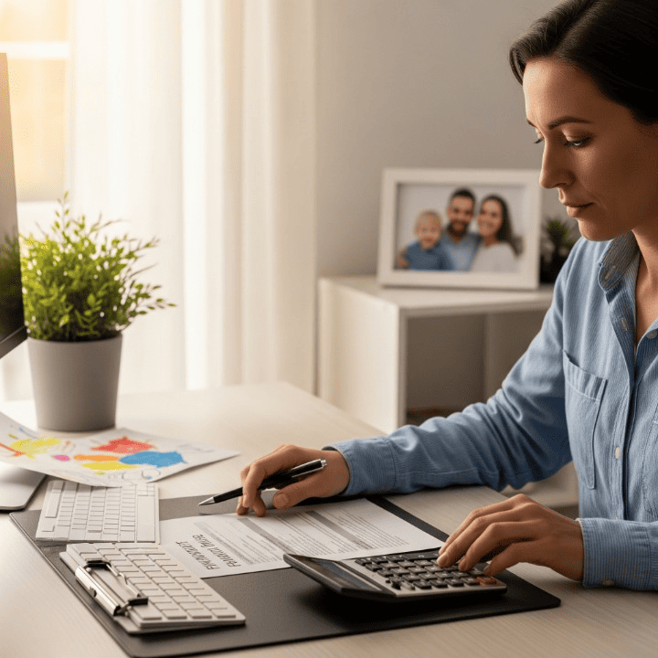 Person thoughtfully calculating life insurance coverage needs, with financial documents on a desk, symbolizing future financial planning for family security.