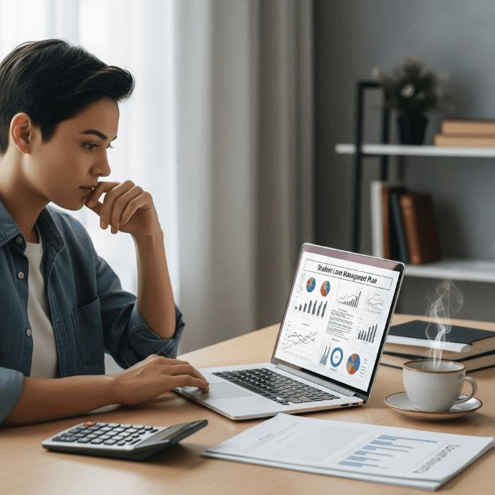 An individual reviewing student loan documents and financial data on a laptop, demonstrating active debt management and financial planning.