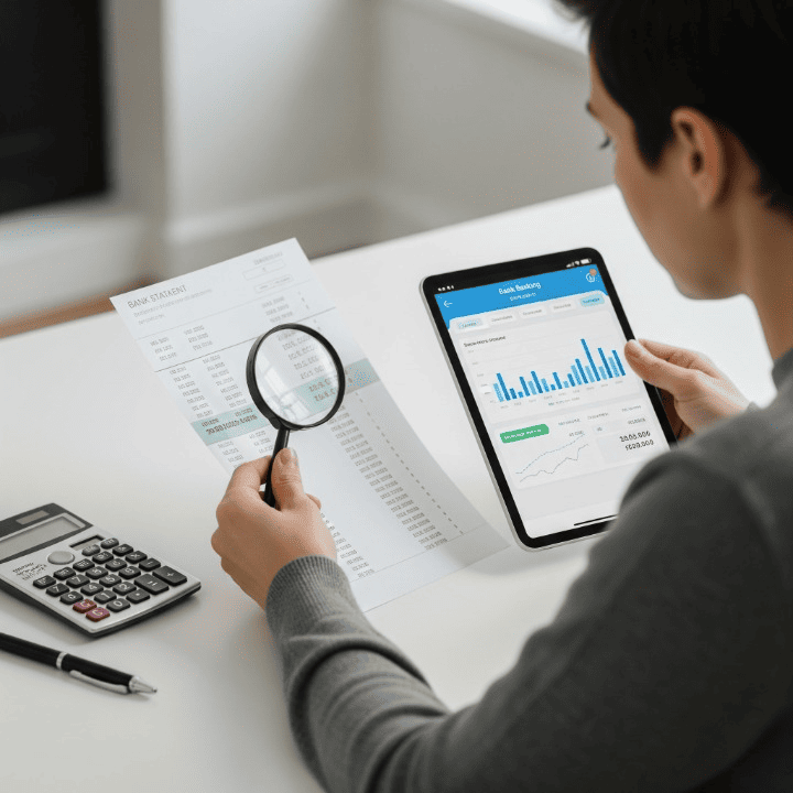 A person reviewing their bank statement, both physical and digital, to understand their finances.