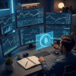 A person researching cryptocurrency on multiple screens with charts and data, symbolizing due diligence before investing in digital assets.