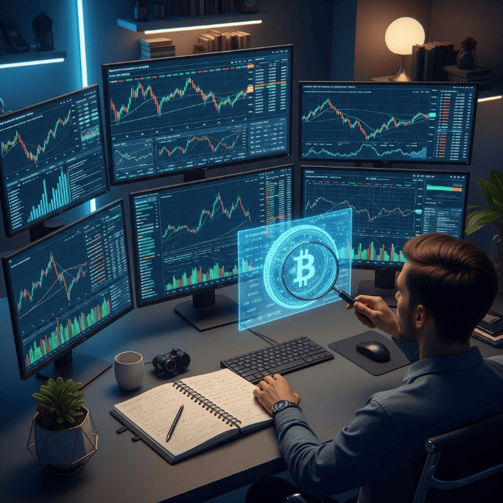 A person researching cryptocurrency on multiple screens with charts and data, symbolizing due diligence before investing in digital assets.