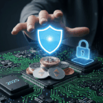 A digital shield protecting cryptocurrency coins on a circuit board, symbolizing strong security against crypto scams in 2025.