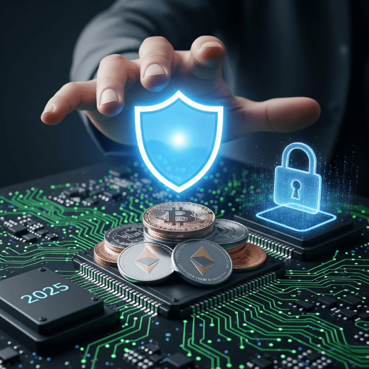 A digital shield protecting cryptocurrency coins on a circuit board, symbolizing strong security against crypto scams in 2025.