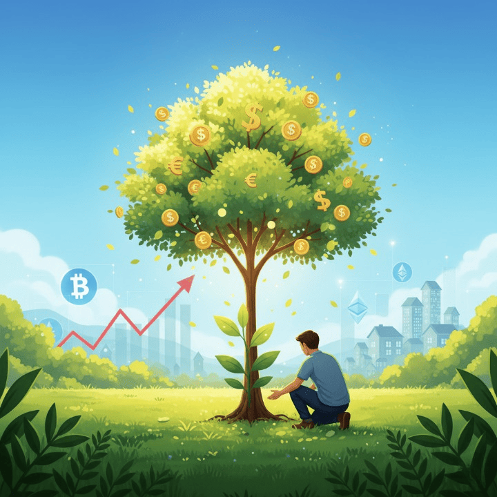 A person tending to a growing money tree, symbolizing the journey of starting to invest and building wealth through various financial instruments like stocks, crypto, and real estate.
