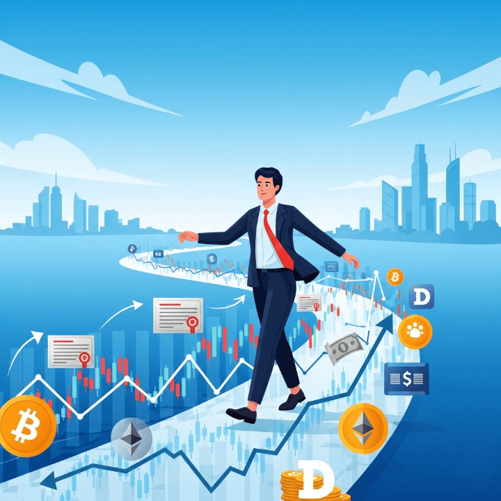 Illustration of a beginner investor taking steps towards financial growth, surrounded by investment symbols.