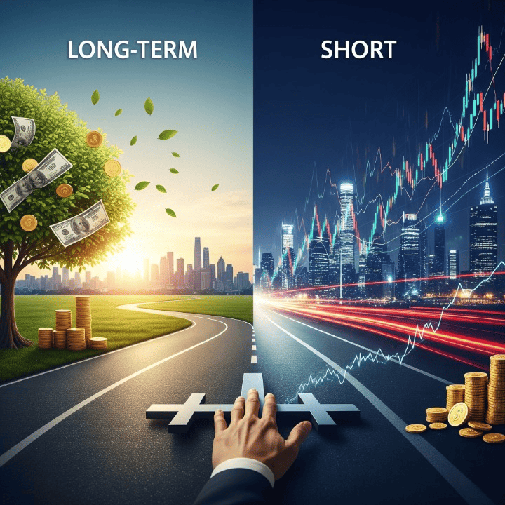 Illustration comparing long-term investing (represented by a growing tree and stable assets) with short-term investing (depicted by volatile market charts and fast-paced trading), highlighting strategic financial decisions.