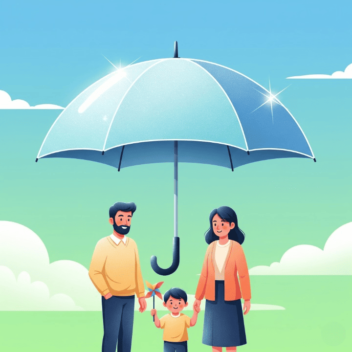 A family standing under a protective dome, representing the security and peace of mind provided by life insurance.