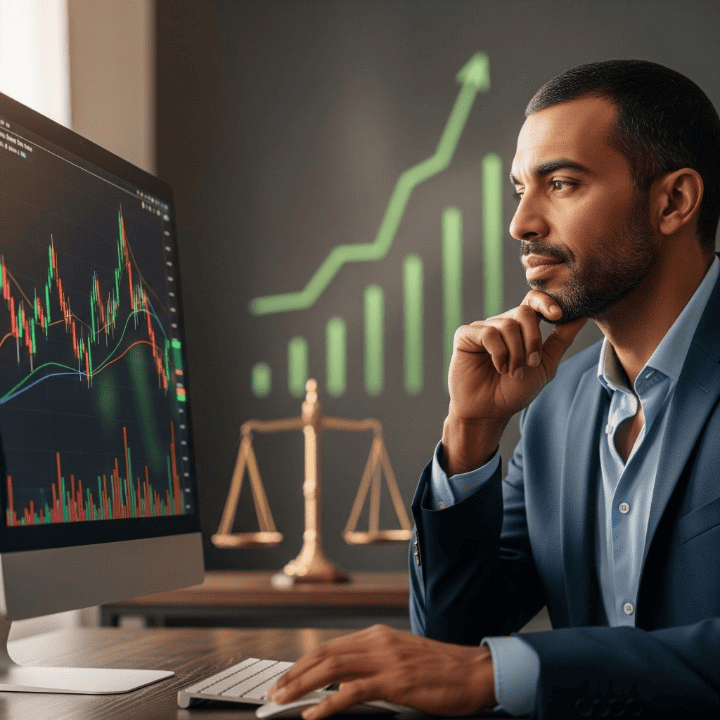 An investor thoughtfully assessing a financial chart, representing the process of understanding personal risk tolerance and making informed investment decisions.