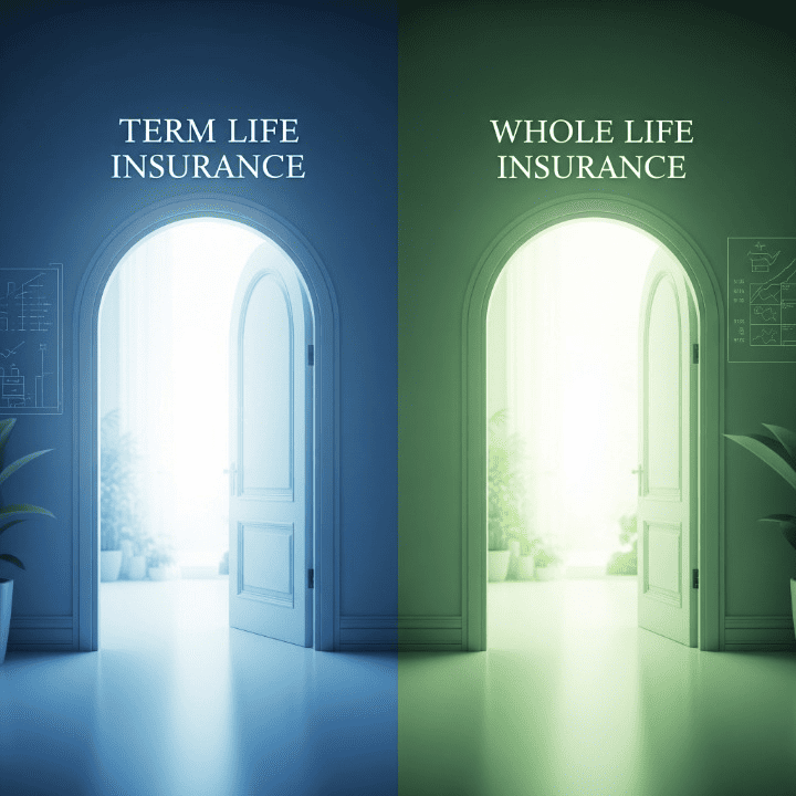 Two distinct paths, one representing Term Life Insurance and the other Whole Life Insurance, illustrating a choice for financial security and future planning.