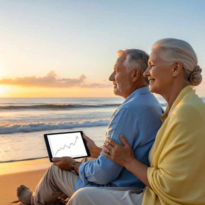 An elderly couple enjoying a peaceful retirement, symbolizing the success of sound decumulation strategies to make retirement savings last a lifetime.