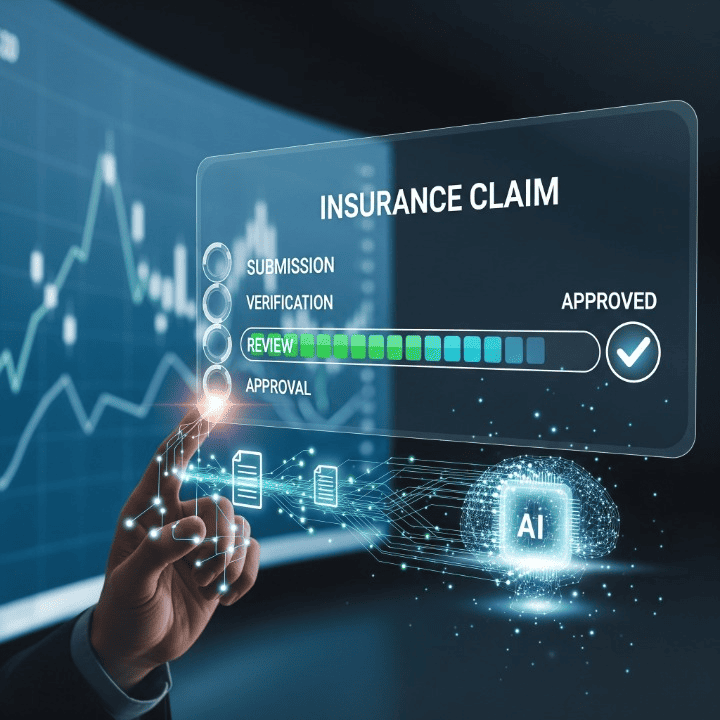 AI-powered system quickly processing an insurance claim, showing data analysis and transparent steps for policyholders.
