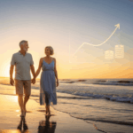 A happy retired couple walking on a beach at sunset, symbolizing financial security and successful retirement planning.
