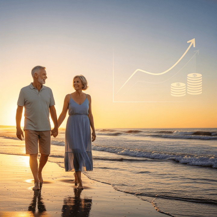 A happy retired couple walking on a beach at sunset, symbolizing financial security and successful retirement planning.