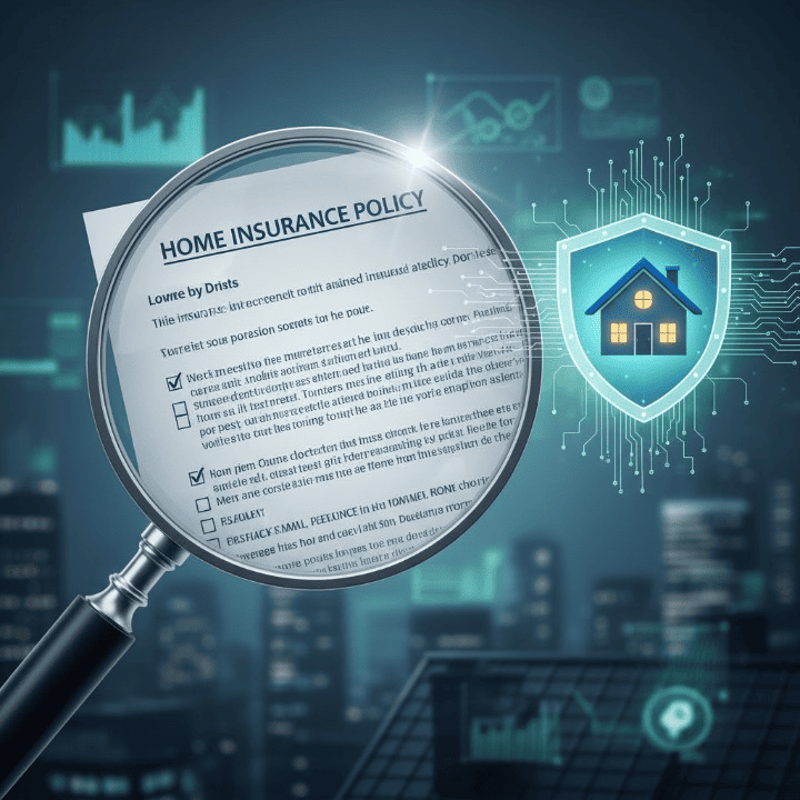 A hand holding a magnifying glass over a home insurance policy document, with a stylized house icon and a protective shield, representing understanding and security.
