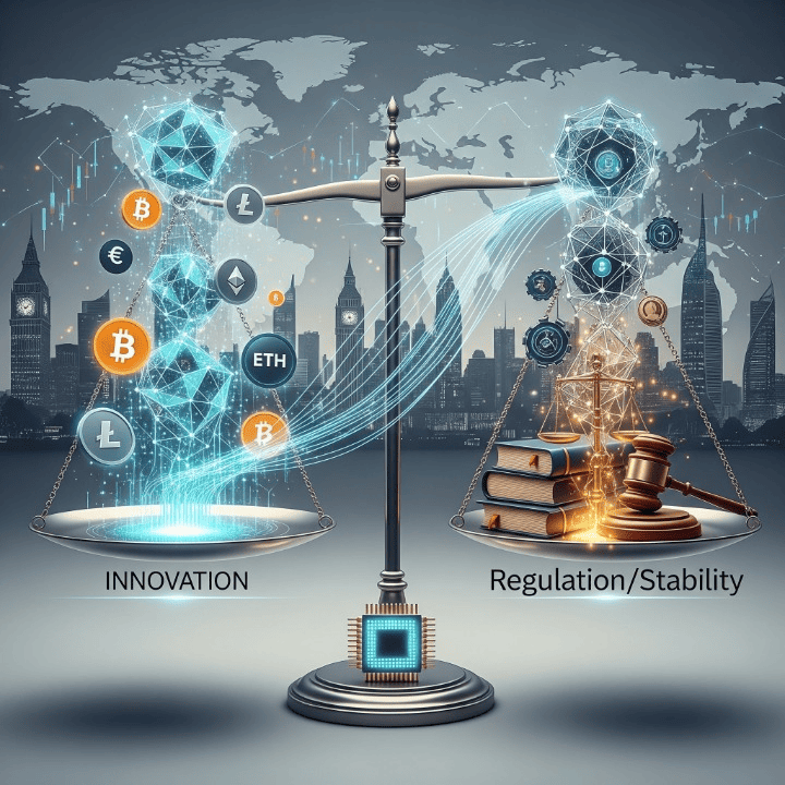 A conceptual image showing the balance between cryptocurrency innovation and global financial regulation, with blockchain networks and digital currency symbols.