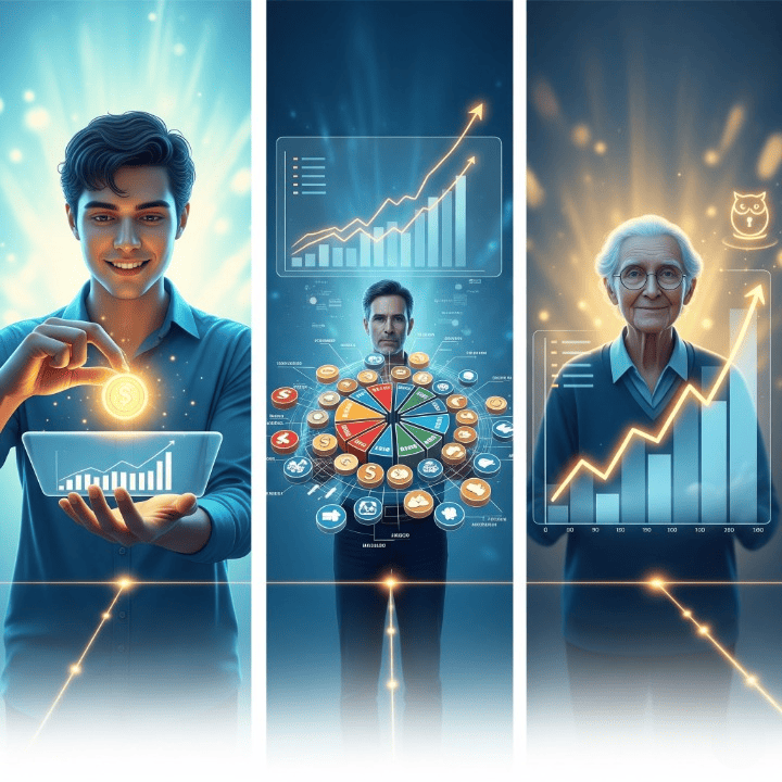 Visual representation of a long-term financial journey, illustrating different life stages and investment strategies for "Multistage Retirement Planning."
