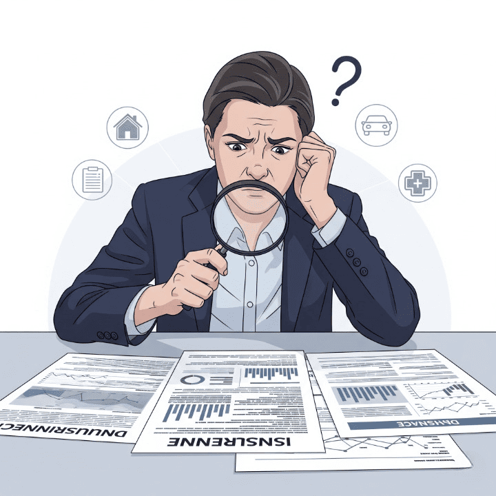 Person reviewing insurance policy documents with a magnifying glass, illustrating the complexity and need for careful understanding to avoid common insurance mistakes.