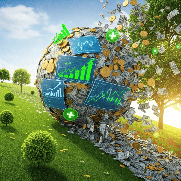 A large snowball rolling downhill, representing the growth of investments through compound interest over time, with a background illustrating financial progression.