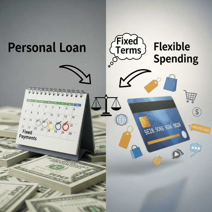 Illustration comparing a personal loan (fixed sum, calendar for payments) and a credit card (flexible spending, shopping items) to highlight the differences and aid financial decision-making.