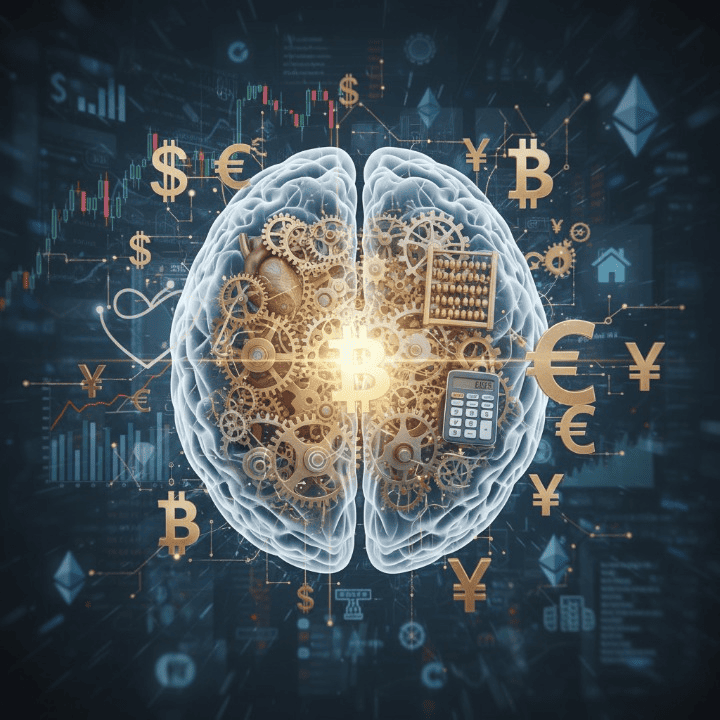 An illustration depicting a brain with gears and money symbols, showing the complexity of financial thoughts and decision-making.