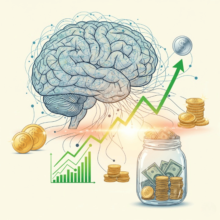An illustration depicting the psychological connection between the brain and financial decisions, symbolizing the process of rewiring for better money management.