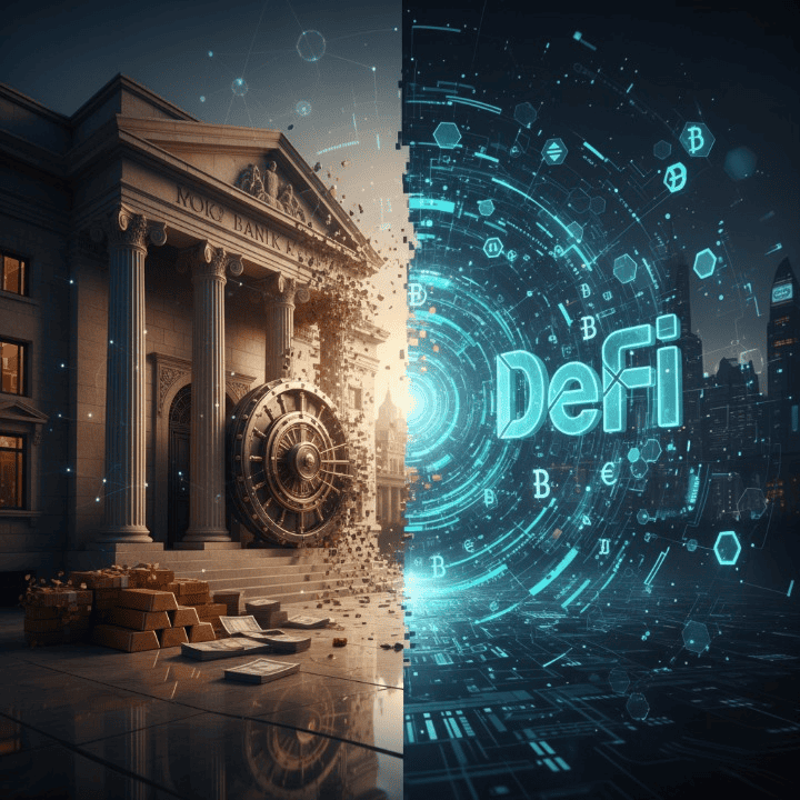 A visual representation of the clash and convergence between traditional banking and the decentralized future of finance (DeFi), featuring digital currency motifs and blockchain networks.